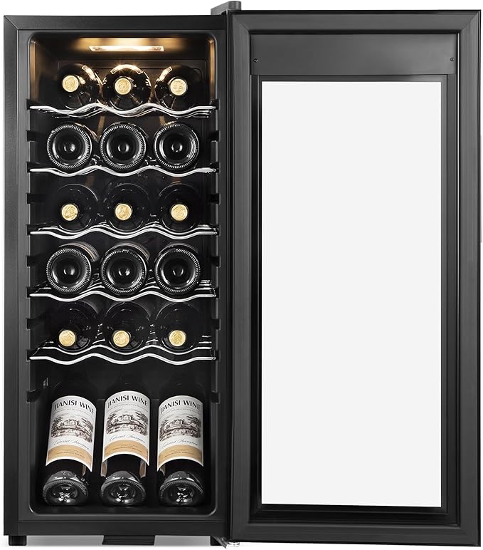 Wine Cooler Refrigerator 18 Bottles, Small Wine Fridge Mini Wine Fridge Countertop with Glass Door Wine Cellars for Red Wine, Champagne, Dry White Wine, Sparkling Wines-Ruum Studio Home
