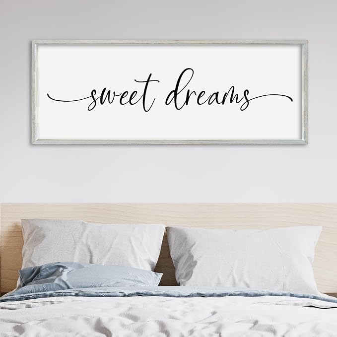 SRSZHIYUE Sweet Dreams Above Bed Wall Decor, 32"x12" Large Rustic Master Bedroom Over Bed Sign Guest Room Couples Wood Framed Farmhouse Horizontal Hanging Decoration (White)-Ruum Studio Home