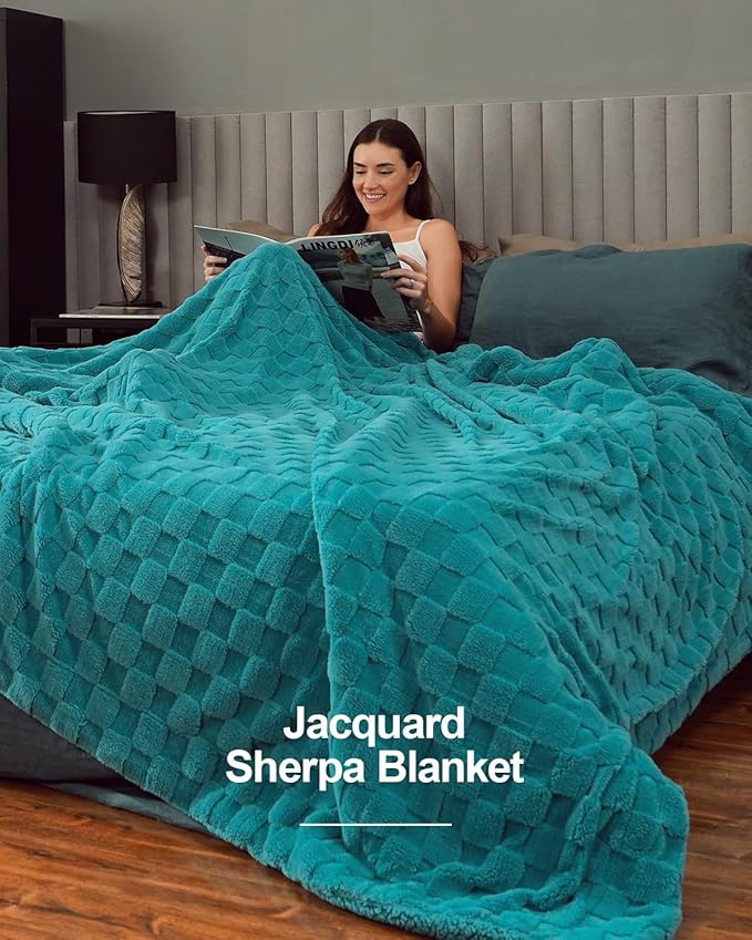Pawque Super Soft Cozy Throw Blanket Twin Size for Couch Bed, Fluffy Sherpa Fleece Reversible Thick Warm Fuzzy Blanket for All-Season, 3D Checkered Jacquard Decorative Blankets, Teal Green, 60" x 80"-Ruum Studio Home
