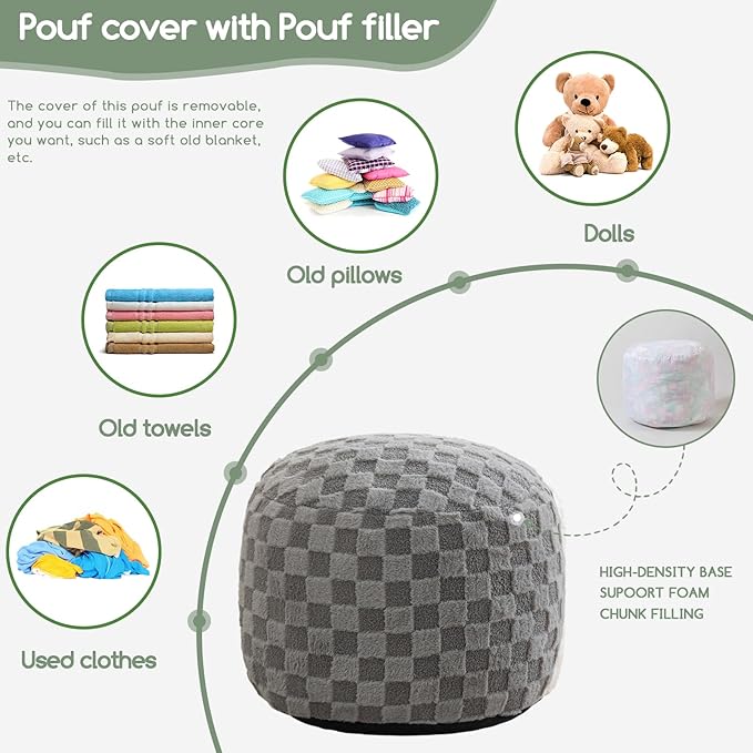 HIGOGOGO Round Stuffed Pouf Ottoman, Plaid Poufs with Foam Chunk Filling, Fluffy and Furry Pouf Foot Stool Storage Ottoman, 26 X 18 Floor Poufs Foot Rest for Living Room, Grey-Ruum Studio Home