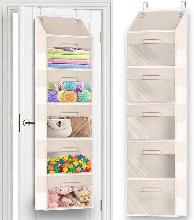 Over the Door Organizer with Drawers, 5 Tier Hanging Storage with Removable Bins & 10 Side Pockets, Over Door Closet Organizer for Baby Items, Yarn, Bed Sheets, Clothes, Toys, Towels – Beige-Ruum Studio Home