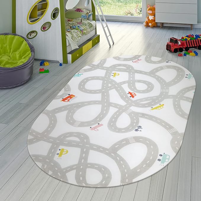 STARUIA Road Traffic Kids Rug Children Playing with Cars Playmat 4x6 Ft, Washable Play Carpet for Kids Playroom, Non-Slip Have Fun Safe Baby Nursery Rug for Toddler Boy's Bedroom Game Room Grey-Ruum Studio Home