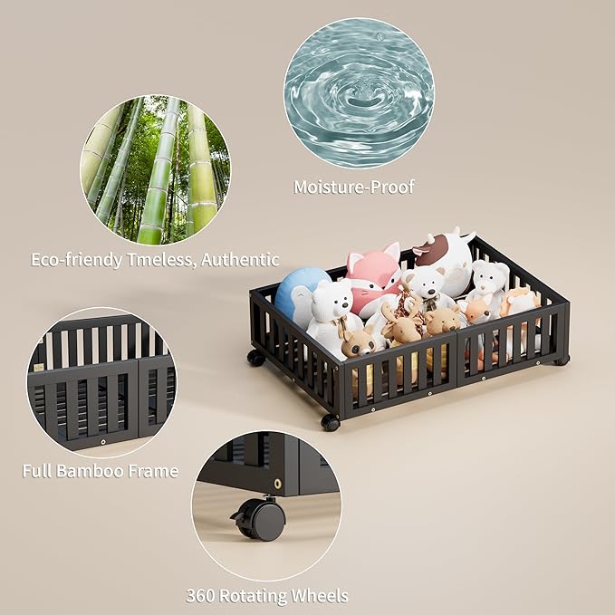 Bamboo Under Bed Storage with Wheels (2-Pack) – Rolling Underbed Shoe Organizer Box for Shoes, Blankets, Toys, Clothes Container Space-Saving Organizer Bins for Bedroom, Closet, Dorm, Nursery-Ruum Studio Home