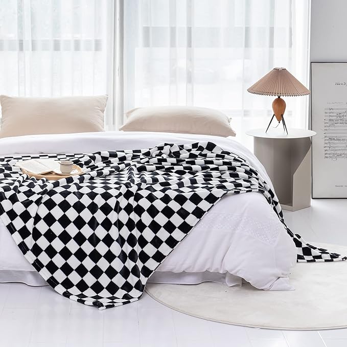 LOMAO Throw Blankets Flannel Blanket with Checkerboard Grid Pattern Soft Throw Blanket for Couch, Bed, Sofa Luxurious Warm and Cozy for All Seasons (Black, 60"x80")-Ruum Studio Home