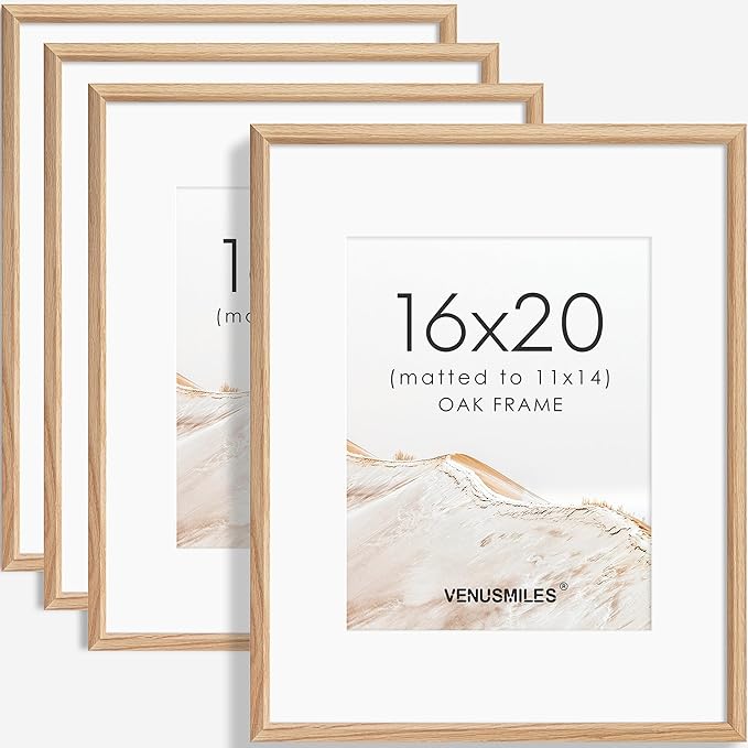 16x20 Picture Frame Set of 4 Natural Solid Oak Photo Frames with 11x14 Removable Mat Wall Hanging Large Handcrafted Frame with HD Plexiglass Wall and Tabletop Display Large Poster Frame-Ruum Studio Home
