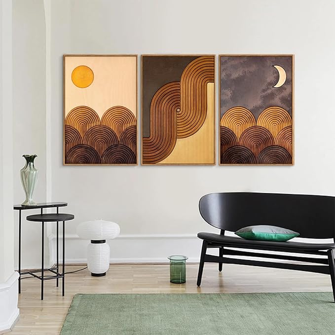 Tinonedraw Boho Mountain Framed Canvas Wall Art Set, Mid Century Modern Geometric Line Wall Decor, Bohemian Sun and Moon Art Paintings, Beige Brown Wooden Artwork for Living Room Bedroom Office 16"x24"x3-Ruum Studio Home