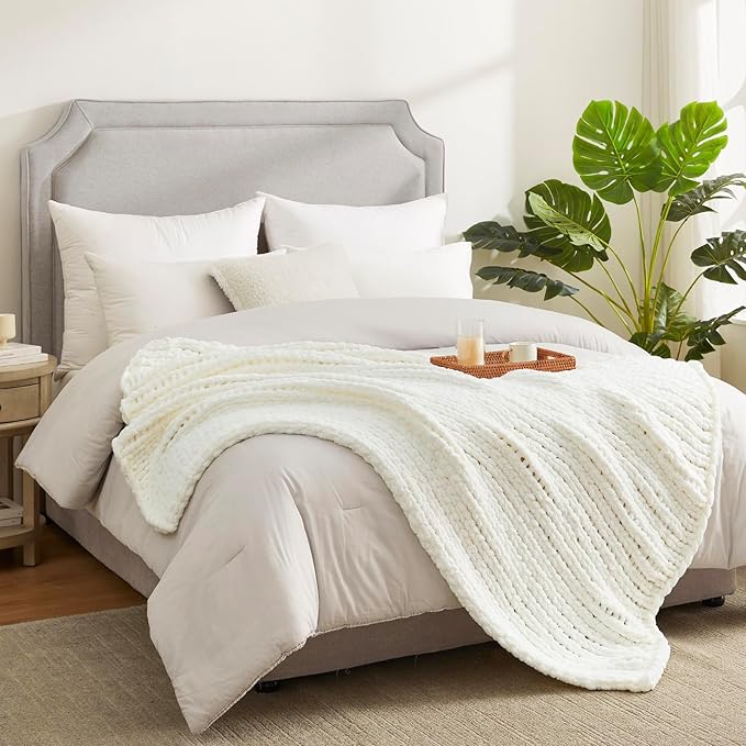 Amélie Home Chunky Knit Throw Blanket for Couch, Soft Chenille Crochet Blanket for Children, 40"x50", Ivory-Ruum Studio Home