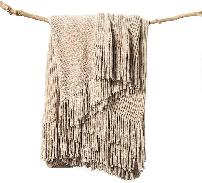 lifein Throw Blanket for Couch, Soft Boho Decor Bed Throw,Cozy Beige Knitted Chenille Small Farmhouse Lightweight Throw for Spring(Beige,60 * 80")-Ruum Studio Home