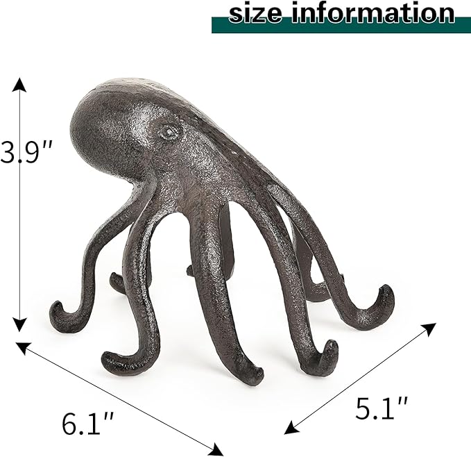 Sungmor Cast Iron Octopus Statue, Decorative Bookend, Cute Sculpture on Bookshelf or Desk, Creative Cell Phone Holder, Octopus Stand for Tablet, Black Brown-Ruum Studio Home