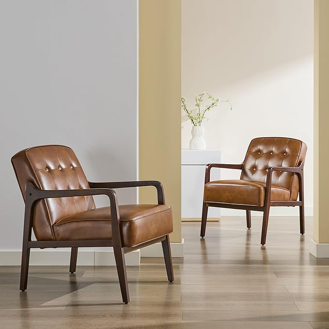 Faux Leather Accent Chair, Mid Century Modern Chair for Living Room, Upholstered Comfy Lounge Armchair with Solid Wood Frame, Reading Side Chair for Bedroom,105°Ergonomic Comfort, Brown-Ruum Studio Home