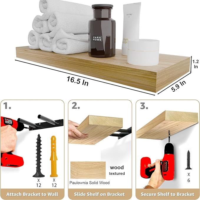 IAE Floating Wall Shelves 16 inch,Bathroom Shelves Wall Mounted,Invisible Shelves Floating Kitchen Shelves,Wooden Wall Shelves with Brackets for Living Room Wall Mounted,Easy Install,Set of 2,Natural-Ruum Studio Home