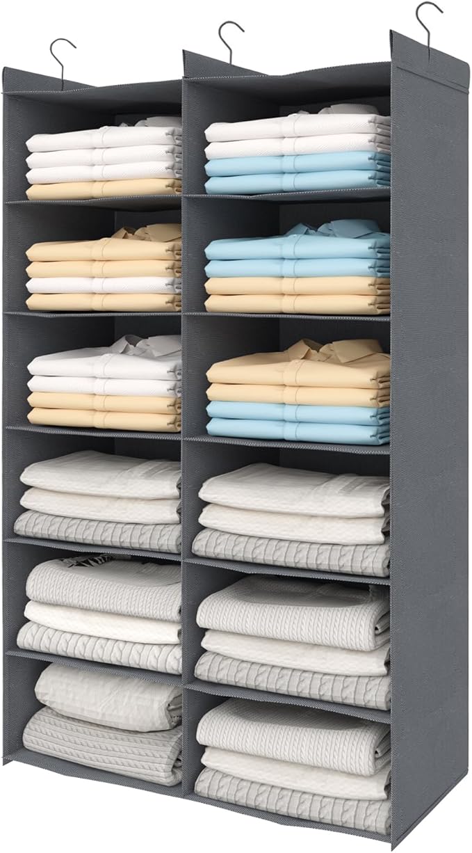 Dual-Row 6 Tier Shelf Hanging Closet Organizer and Storage, 12 Pockets Clothes Storage Shelves with 3 Sturdy Hooks for Clothing Organization, Dorm Room Essentials for Girls, Foldable, Grey-Ruum Studio Home