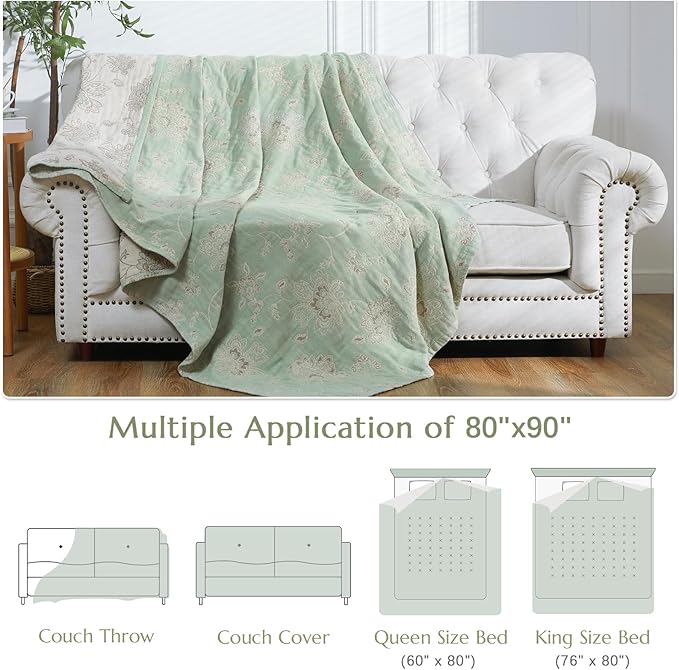 jinchan Boho 100% Cotton Muslin Queen Size 80x90 Inches Blanket Lightweight 4-Layer Quilted Soft Green and Beige Floral Throw Blanket Reversible Comfy Flower Rustic All Seasons Couch Bedroom Decor-Ruum Studio Home