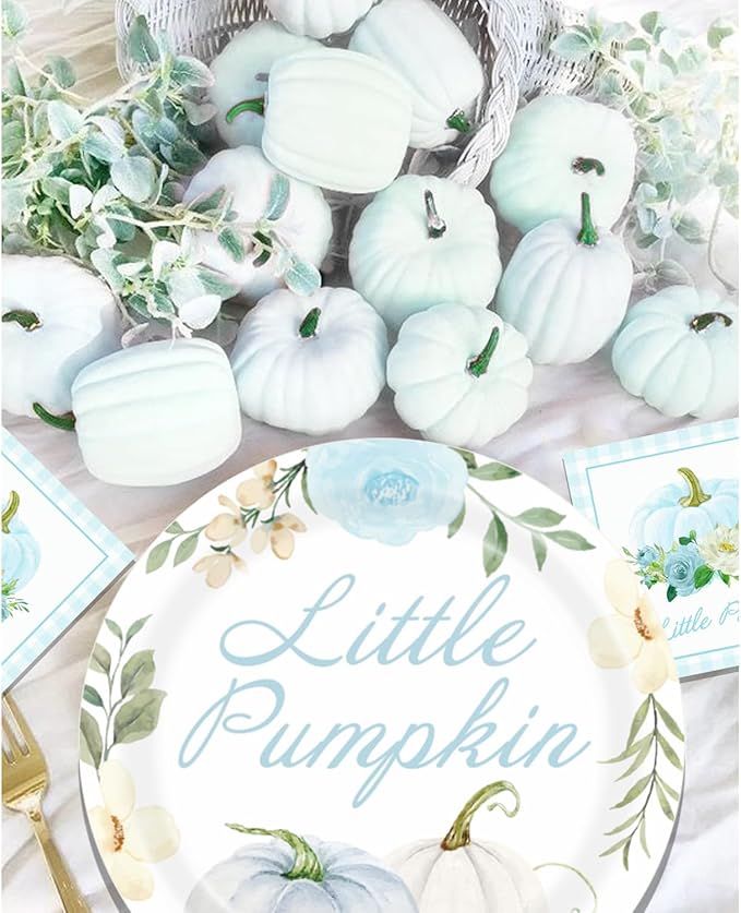 Aukolass Pumpkin Party Supplies Tableware Set - Fall Theme Party Decorations Including Plates, Napkins and Cups for Pumpkin Birthday and Baby Shower Party, Serves 24 Guests (blue)-Ruum Studio Home