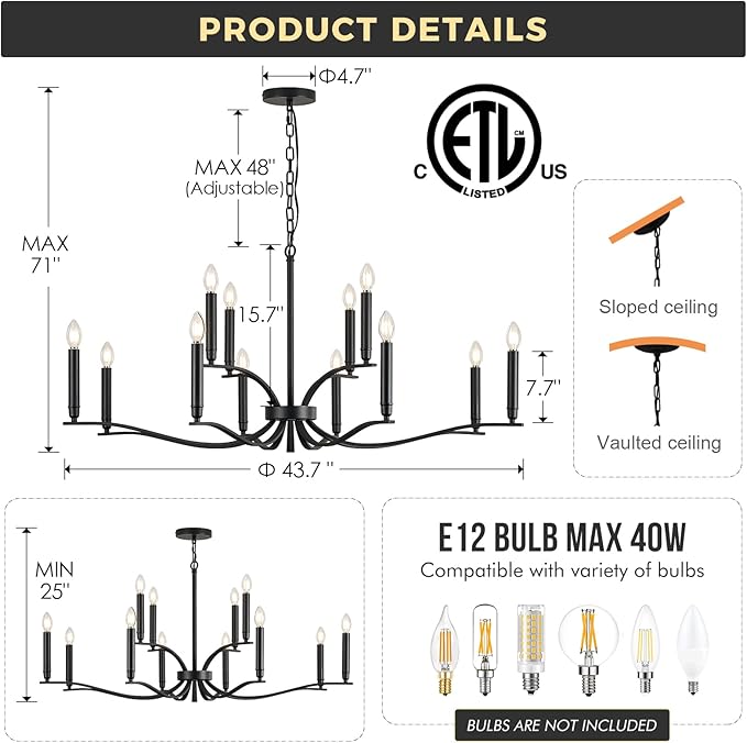 Black Living Room Chandelier 12 Light Hight Ceiling Foyer Candle Chandelier Large Dining Room Light Fixture Over Table 44in Metal Modern Chandeliers Hanging Light for Entry Master Bedroom-Ruum Studio Home