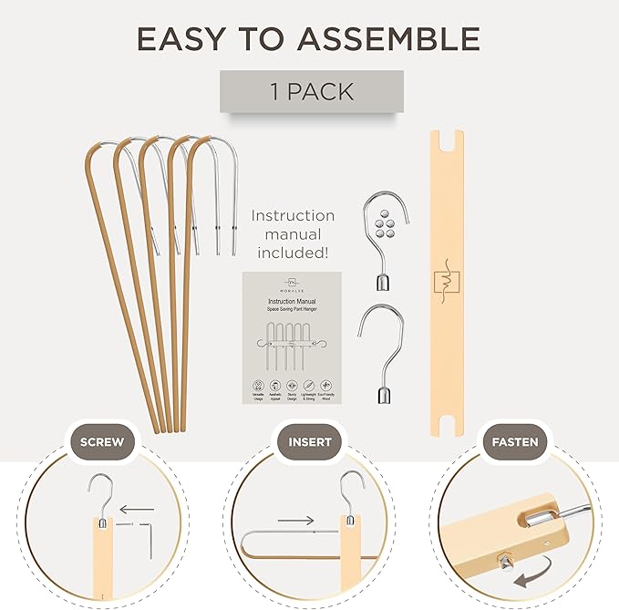 MORALVE Pants Hangers Space Saving - European Beechwood Scarf and Jean Hangers - Closet Organizer and Space Saver Pant Rack, Leggings Hanger, and Scarf Holder with 360° Swivel Hook (1 Pack)-Ruum Studio Home