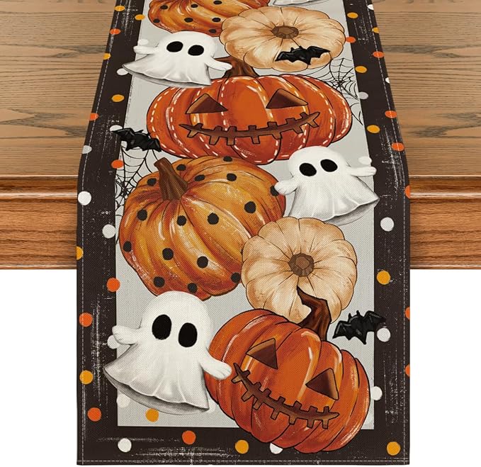 Artoid Mode Jack-O'-Lantern Pumpkin Ghost Spider Web Halloween Table Runner,Holiday Kitchen Dining Table Decoration for Home Party Decor 13 x 36 Inch-Ruum Studio Home
