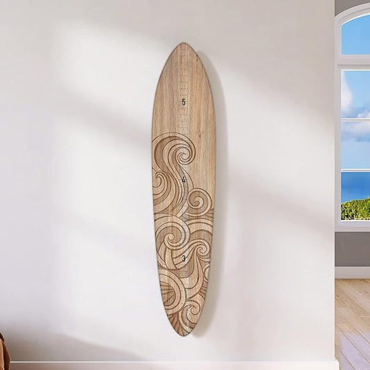 Wooden Surfboard Wall Decor Growth Chart - Surfboard Art Decor for Kids Room, Wood Surfboard Kids Sizing Chart, Surf Boards Art, Height Board Surfer Decor - Brown Wave (9.5"x 46")-Ruum Studio Home
