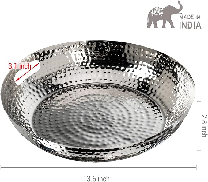MyGift 14 Inch Deluxe Decorative Dish Tray Centerpiece Base, Silver Tone Plated Hammered Aluminum Fruit Bowl Serving Platter with Cutout Handles - Handcrafted in India-Ruum Studio Home