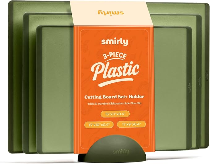 SMIRLY Plastic Cutting Board Set with Holder 3 Pieces, Non-Slip Dishwasher Safe Chopping Boards for Kitchen, Green-Ruum Studio Home