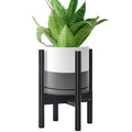 D'vine Dev Ceramic Planter with Ebony Stand - 8 Inch Modern Round Flower Pot with Wood Planter Holder, White/Grey, 55-B-M-6-Ruum Studio Home