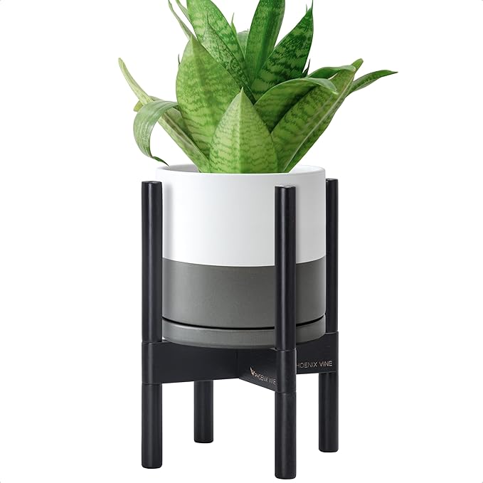 D'vine Dev Ceramic Planter with Ebony Stand - 8 Inch Modern Round Flower Pot with Wood Planter Holder, White/Grey, 55-B-M-6-Ruum Studio Home