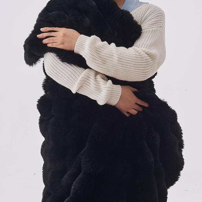 Lotus Karen Faux Fur Blanket Black - Big Bubble Rabbit Fluff King Throw for The Bed Large Fluffy Fuzzy Cozy Thick Furry Plush Shaggy Blankets 108x90 Inches-Ruum Studio Home
