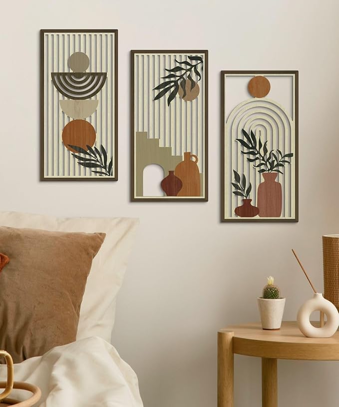 Putuo Decor Boho Wall Art Set of 3, Abstract Geometric Wooden Wall Decor, Mid-Century Modern Aesthetic Artwork with Arch, Vase & Botanical Design for Living Room, Bedroom, Office, 16.5 x 8.6 Inch-Ruum Studio Home