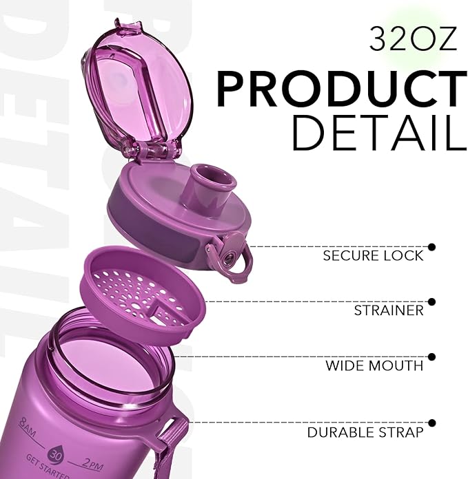 32oz Motivational Water Bottles with Time Marker & Fruit Strainer, Transparent Gradient Color Water Bottle with Times to Drink, Leakproof & BPA Free, Reusable Bottle with Strap (No Straw)-Ruum Studio Home