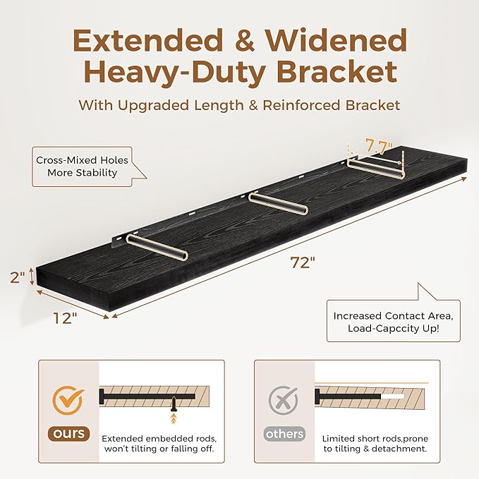 Fun Memories 72 Inch Floating Shelf, 12 Inch Deep Wall Shelf for Fireplace Mantel, Deep Storage Shelves for Home & Office, Wall Shelves with Invisible Bracket, Black, Set of 1-Ruum Studio Home