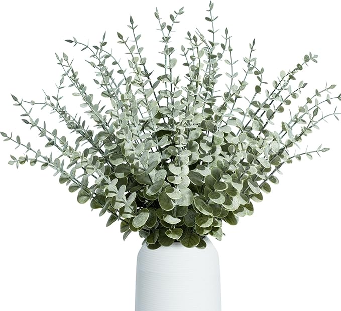 48Pcs Faux Eucalyptus Stems, 15" Artificial Eucalyptus Plants with White Frosted Coating, Fake Eucalyptus Decor Plastic Greenery Leaves for Wedding Bouquets Home Decor DIY Floral Arrangements-Ruum Studio Home