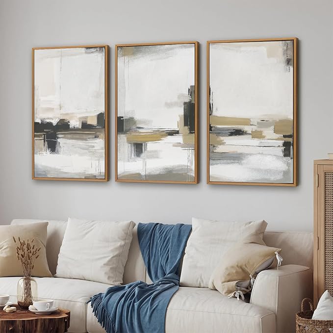 SIGNINART Beige Abstract Framed Canvas Wall Art Set, Black and White Textured Art Prints, Paint Strokes Minimalist Shapes Wall Decor, Neutral Modern Art Paintings for Living Room, Bedroom, Office 16"x24"x3-Ruum Studio Home