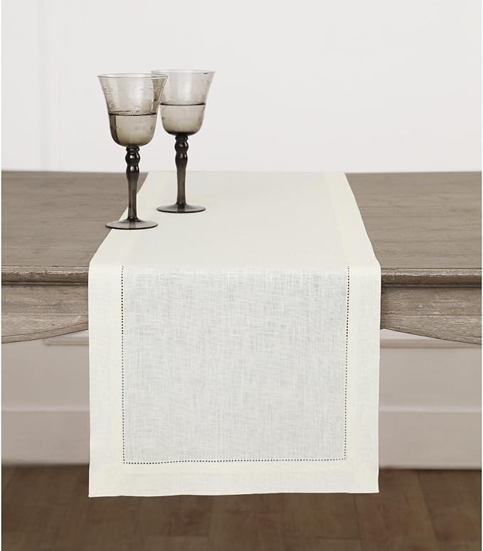 Solino Home Linen Ivory Table Runner 72 Inches Long - 100% Pure Linen Hemstitch Table Runner 14 x 72 Inch for Dresser, Dining, Fall, Autumn, Halloween, Thanksgiving - Classic Hemstitch-Ruum Studio Home