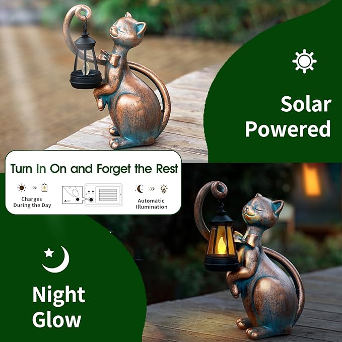 WHIMSYNOOK 10.7" Bronze Cat Solar Garden Statue Light – Cute Kitty Design, Bronze Finish, Solar-Powered LED, Outdoor Yard & Lawn Décor, for Cat Lovers, Mom, and Garden Enthusiasts-Ruum Studio Home