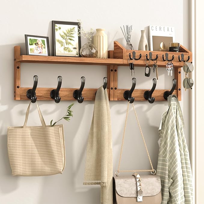 29" Coat Rack Wall Mount with Shelf, 4 in 1 Wall Mounted Coat and Key Hanger with 11 Hooks, Entryway Key Holder with Mail Holder for Living Room, Bedroom-Ruum Studio Home