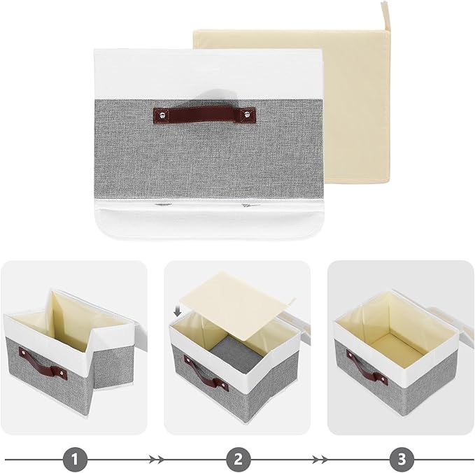 ANMINY Storage Boxes with Lids Washable Decorative Storage Bins Basket with PU Leather Handle Foldable Linen Fabric Storage Cubes Containers for Home Closet Organizer - Gray White, Large Size-Ruum Studio Home