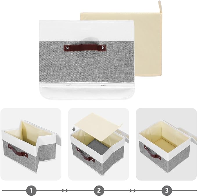 ANMINY Storage Boxes with Lids Washable Decorative Storage Bins Basket with PU Leather Handle Foldable Linen Fabric Storage Cubes Containers for Home Closet Organizer - Gray White, Small Size-Ruum Studio Home