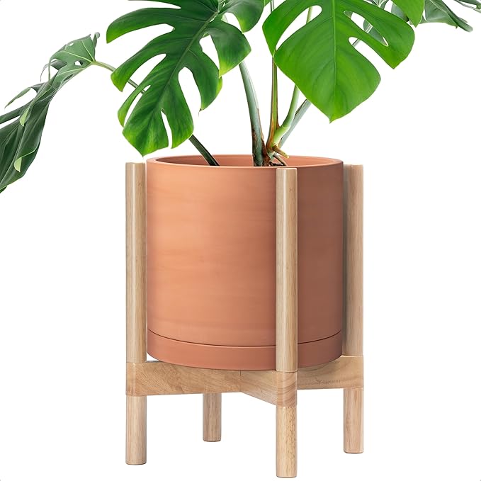 D'vine Dev Terracotta Planter with Natural Stand - 12 Inch Modern Round Flower Pot with Wood Planter Holder, Terracotta, 55-B-J-5-Ruum Studio Home