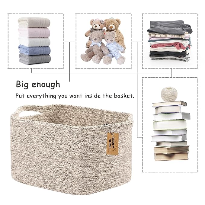 COMFY-HOMI 3PACK Cotton Rope Woven Basket With Handles for Shelves, Toy, Book, Cloth Storage Basket for Organizing|13.5" x 11" x 9.5" Decorative Nursery Cube Bin for Living Room（all brown）-Ruum Studio Home