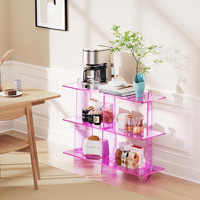 Acrylic Bookshelf, Small 3 Tier Open Bookcase for Small Spaces,Sofa Table, Hallway Entry Table for Home Living Room (Pink, 39.4'' x 11.8'' x 31.5'')-Ruum Studio Home