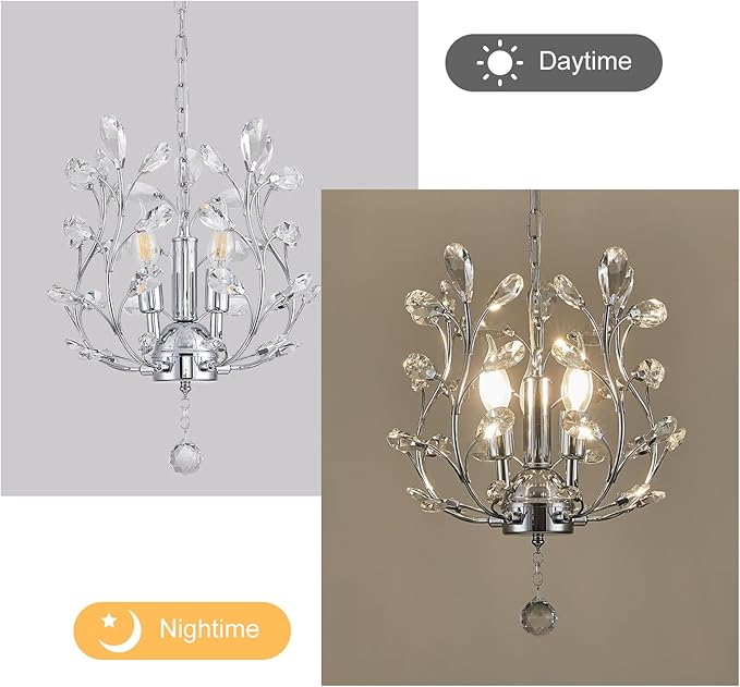 Ganeed 3-Light Branch Crystal Chandelier, Small Flush Mount Vintage Pendant Hanging Lighting, K9 Crystal Farmhouse Ceiling Light for Dining Room Bedroom Living Room Kitchen Hallway, Chrome Silvery-Ruum Studio Home