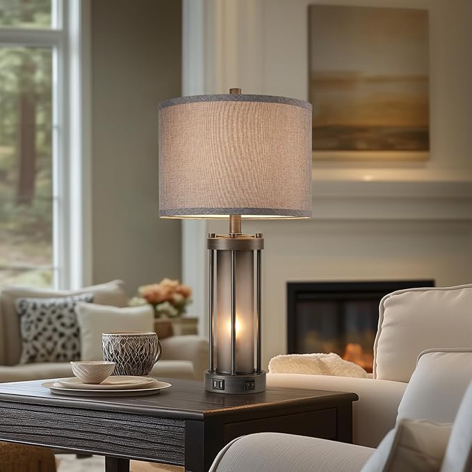 Set of 2 Rustic Table Lamps for Living Room with 2 USB Ports, Vintage Bedside Lamps with Gray Frosted Glass Night Light for Bedroom Desk Lamps for Entryway, 4 Bulbs Included-Ruum Studio Home