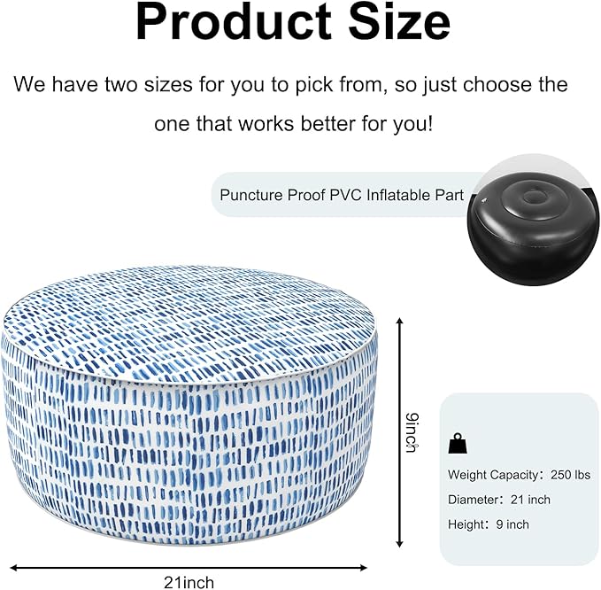 Inflatable Ottoman Stool D21 xH9 for Outdoor/Indoor Use, Water Repellent Patio Foot Rest Stool with Portable Handle,Round Pouf Ottoman Suitable for Garden,Deck and Camping - Pebble Blue-Ruum Studio Home