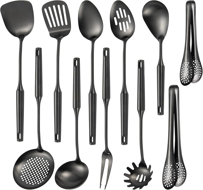 304 Stainlss Steel Matte Kitchen Utensils Set, 11 Pcs Long Metal Cooking Utensil Gadgets Tools Set with Spatula, Ladle, Spoon, Ladle, Skimmer, Tunner, Pasta Server, Tongs(Black, Dishwasher Safe)-Ruum Studio Home