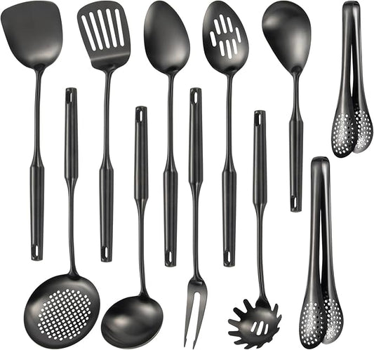 304 Stainlss Steel Matte Kitchen Utensils Set, 11 Pcs Long Metal Cooking Utensil Gadgets Tools Set with Spatula, Ladle, Spoon, Ladle, Skimmer, Tunner, Pasta Server, Tongs(Black, Dishwasher Safe)-Ruum Studio Home