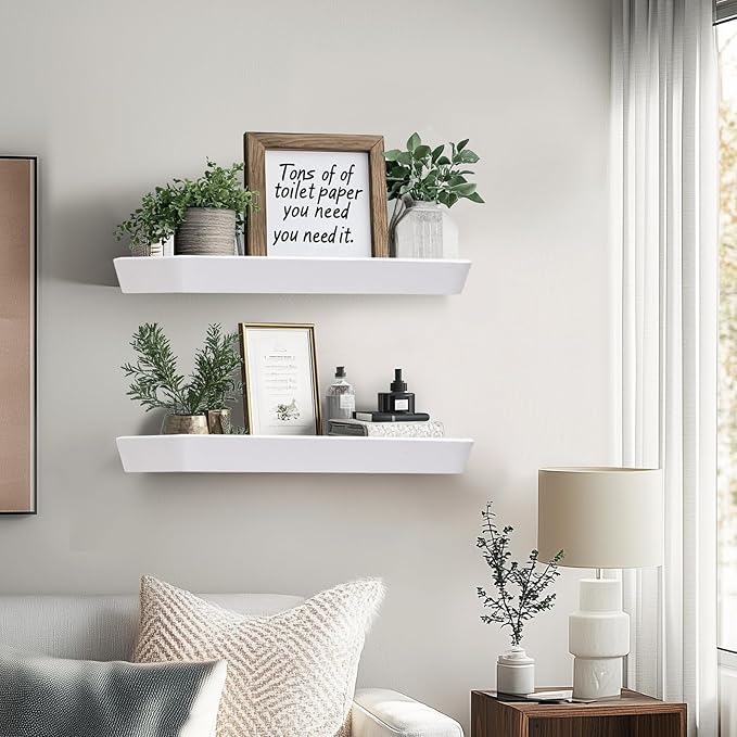 16"x6.8"x1.6" Slanted Floating Wall Shelves 2-Pack - Rustic White Finish, Heavy-Duty Solid Wood Design with Hidden Brackets - Perfect for Living Room, Kitchen, Bathroom, or Office-Ruum Studio Home