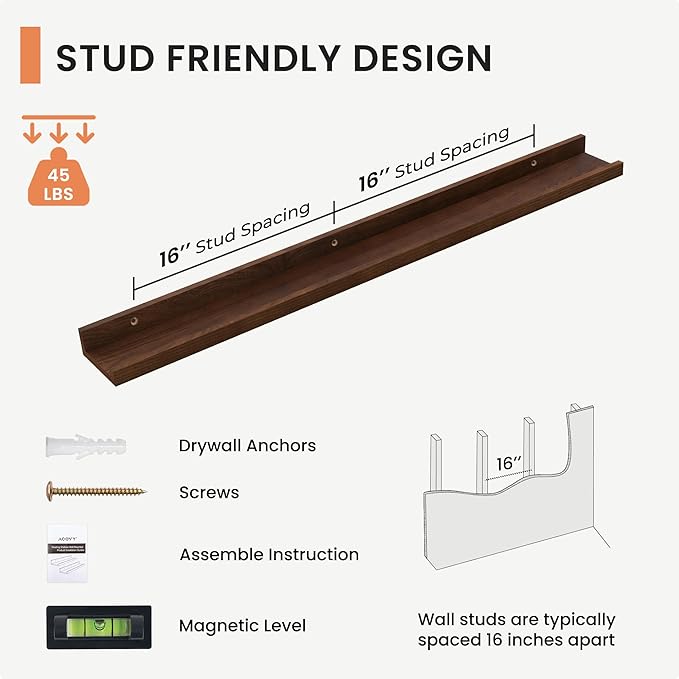 Solid Ash Wood Floating Shelves, Wood Picture Ledge Shelf Set of 2, 48 Inch Long Large Photo Ledge Shelves, Nursery Book Shelves Wall Mounted for Living Room Kids' Bedroom Decor, Color Walnut-Ruum Studio Home