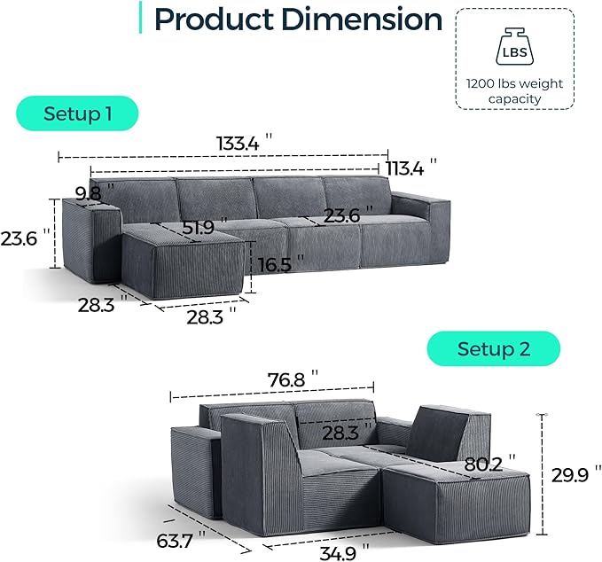 LINSY HOME Modular Sectional Sofa, 134" Boneless Couch L Shaped 4-Seat Sofa with Movable Ottoman, Corduroy Sectional Cloud Couches for Living Room, No Assembly Required, Bluish Grey-Ruum Studio Home