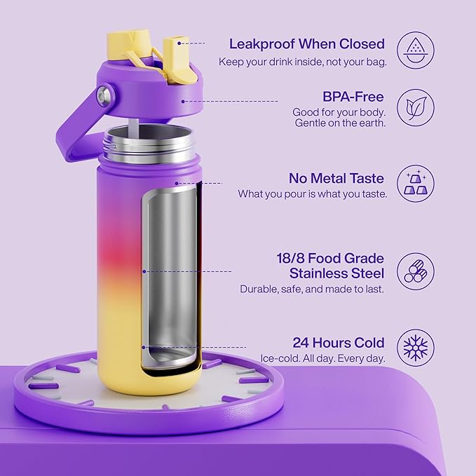 Insulated Water Bottle with Straw Stainless Steel Water Bottle, Leak-Proof, BPA-Free, Double Wall Vacuum Keeps Cold for 24 Hours for Sports, Travel, School (18 oz, Peach Dream)-Ruum Studio Home