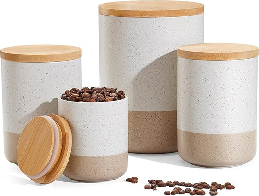 Yangbaga Canisters Sets for Kitchen Countertop-Set of 4 Ceramic Kitchen Canisters Food Storage Jar with Airtight Wood Lids & Spoons & Label,Large Flour and Sugar Containers for Serving Ground Coffee-Ruum Studio Home